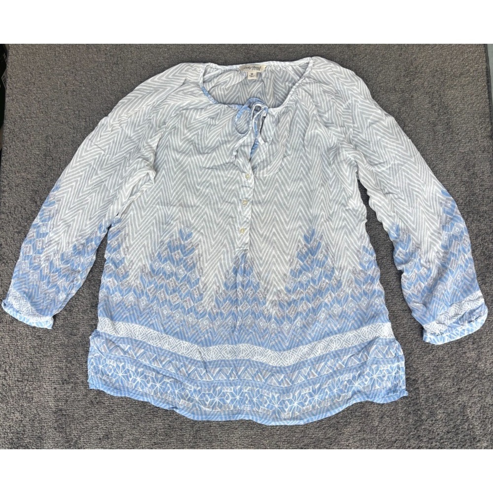 Lucky Brand Chevron Peasant Top Womens Medium Blue Tie Front Long Sleeve Classic